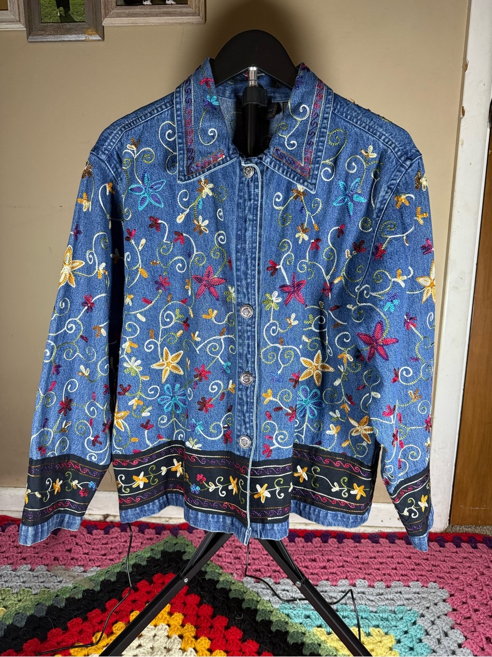 New Directions Vintage Embroidered Denim Jacket with Multicolor Floral Accents